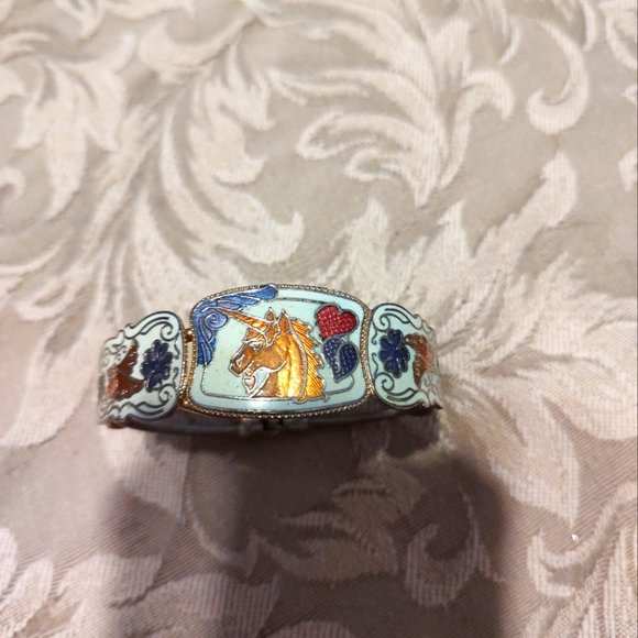 💙🦄💙Glorious 80's RARE Vintage Enameled Unicorn & Floral Hinge Bangle Bracelet - Picture 12 of 14